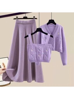 MISS MOSA BY AKANKSHA - Lavender Mist Woolen Skirt With Top And Sweater (Set of 3)