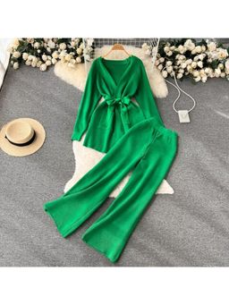 MISS MOSA BY AKANKSHA - Green Liboa Woolen Solid Belted Co-Ord (Set of 3)