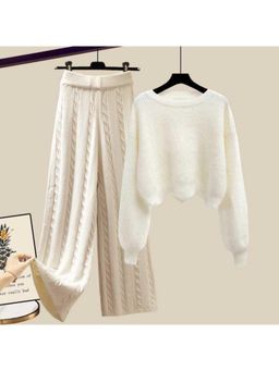 MISS MOSA BY AKANKSHA - White Meraki Woolen Solid Top And Pant (Set of 2)