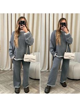 MISS MOSA BY AKANKSHA - Grey Palmer Knitted Solid Co-Ord (Set of 2)