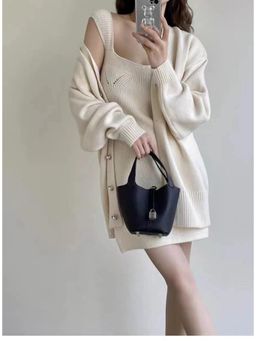 MISS MOSA BY AKANKSHA - Off White Reming Solid Dress And Cardigan (Set of 2)