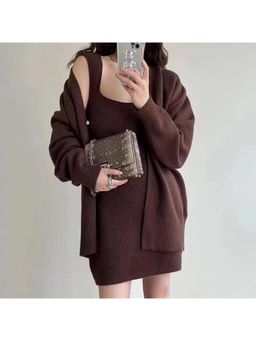 MISS MOSA BY AKANKSHA - Brown Reming Solid Dress And Cardigan (Set of 2)