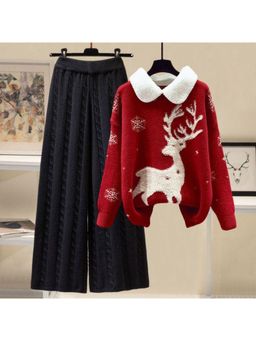 MISS MOSA BY AKANKSHA - Red Reindeer Woolen Sweater And Pant (Set of 2)