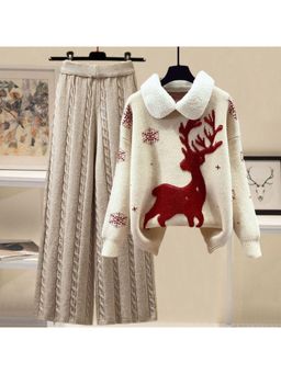 MISS MOSA BY AKANKSHA - White Reindeer Woolen Sweater And Pant (Set of 2)