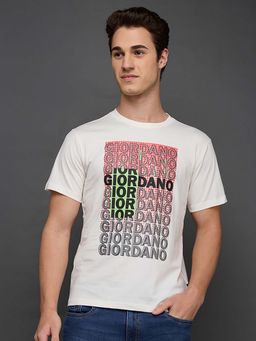 Giordano - White Cotton Typography Printed Slim Fit Short Sleeves T-Shirt