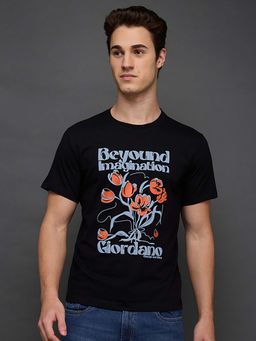 Giordano - Black Cotton Floral Printed Slim Fit Short Sleeves T-Shirt