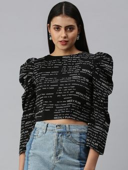 SHOWOFF - Women Boat Neck Puff Sleeves Printed Black Crop Top