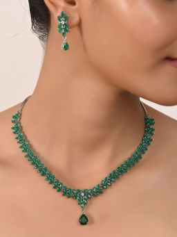 Ratnavali Jewels - Silver Plated Green American Diamond Floral Pattern Necklace Jewellery Set