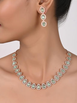 Ratnavali Jewels - Rose Gold Plated Mint American Diamond Necklace Jewellery Set
