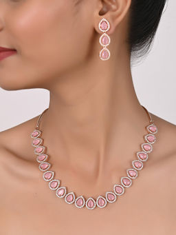 Ratnavali Jewels - Rose Gold Plated Pink American Diamond Necklace Jewellery Set