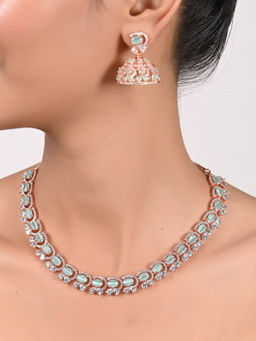 Ratnavali Jewels - Rose Gold Plated Mint Green American Diamond Necklace Jewellery Set