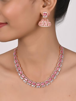 Ratnavali Jewels - Rose Gold Plated Pink American Diamond Necklace Jewellery Set