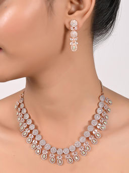 Ratnavali Jewels - Rose Gold Plated Mint Green American Diamond Drop Necklace Jewellery Set