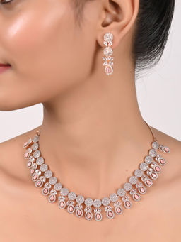 Ratnavali Jewels - Rose Gold Plated Pink American Diamond Drop Necklace Jewellery Set