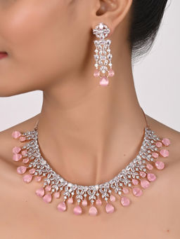 Ratnavali Jewels - Silver Rose Gold Plated Pink American Diamond Necklace Jewellery Set