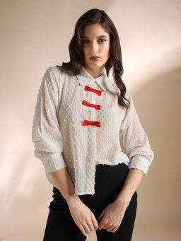 Globus - Women White Collared Neck Self Design Velvet Bow Detail Shirt