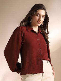 Globus - Women Maroon Solid Collared Neck Shirt