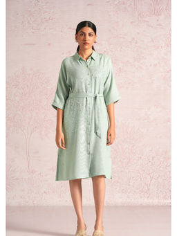 Kaveri - Green Linen Blend Embellished/Sequined Dress