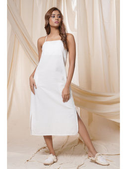Thread Game - Lusty Linen Back Knotted Solid Spaghetti White Midi Dress