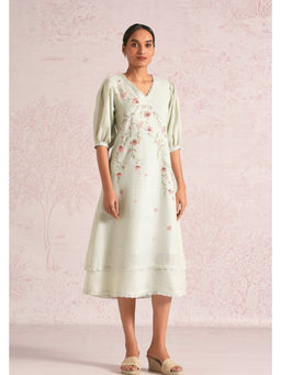 Kaveri - Green Linen Blend Floral Dress