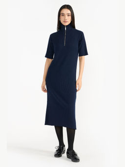 Perona - Women Merino Wool Navy Blue Midi Dress