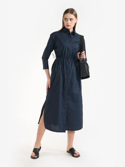 Perona - Women Pure Cotton Navy Blue Midi Dress