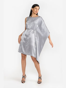 Perona - Women Polyester Silver Mini Dress With Belt