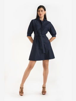 Perona - Women Cotton Blend Navy Blue Mini Dress With Belt