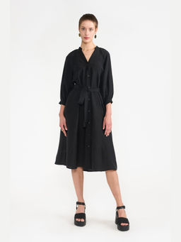 Perona - Women Tencel Blend Black Midi Dress With Belt