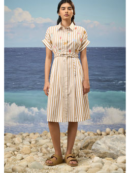 Genes Lecoanet Hemant - Striped Premium Cotton Midi Dress with Adjustable Belt