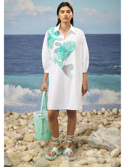 Genes Lecoanet Hemant - Embroidered Polo-Collar Dress in Premium Giza Cotton Poplin - White