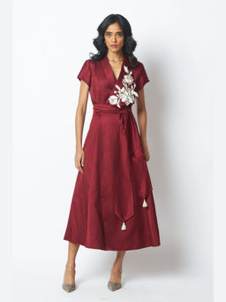 MADDER MUCH - Burgundy Ravena - Floral Broach Long Wrap Dress