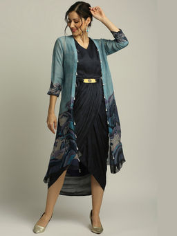 Soup by Sougat Paul - Conversational Printed Drape Navy Blue Maxi Dress With Jacket