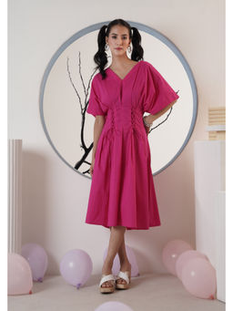 SURABHI ARYA - Women Cotton Pink V-Neck Dress