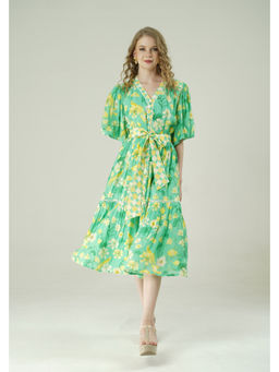 SURABHI ARYA - Women Muslin Green V-Neck Dress