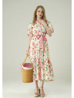 SURABHI ARYA - Women Muslin Off White V-Neck Dress