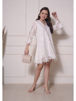 SURABHI ARYA - Women Cotton White V-Neck Dress