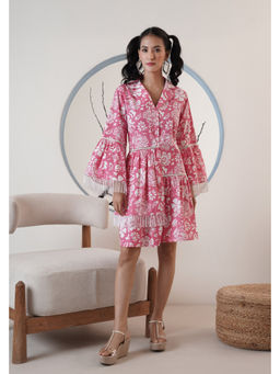 SURABHI ARYA - Women Cotton Pink V-Neck Dress