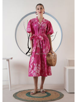 SURABHI ARYA - Women Cotton Pink V-Neck Dress