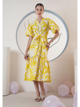 SURABHI ARYA - Women Cotton Yellow V-Neck Dress