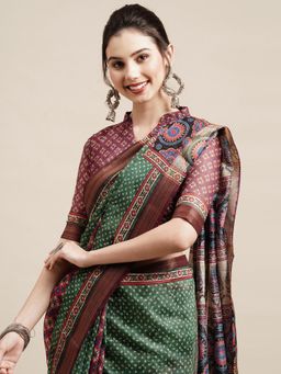 Sareemall - Green Casual Linen Blend Printed Saree with Unstitched Blouse with Unstitched