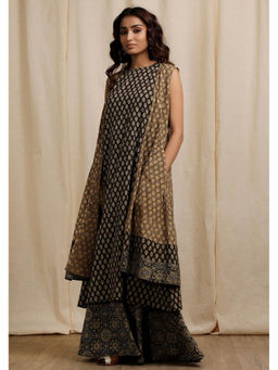 Tjori - Olive Green Ajrakh Print Sleeveless Flared Overlay