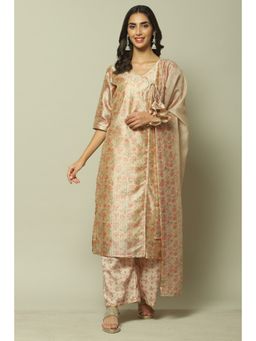 Biba - Beige Cotton Unstitched Suit (Set of 3)
