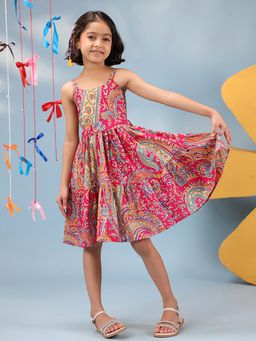 Rain & Rainbow - Girls Printed Cotton Knee Length Dress With Belt