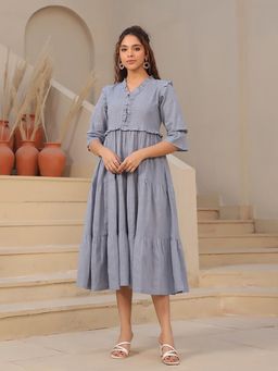 Rain & Rainbow - V-Neck Bell Sleeves Pure Cotton Flare Midi Dress