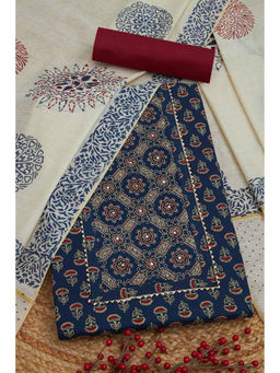 Soch - Womens Navy Blue Cotton Ethnic Motifs Unstitched Dress Material