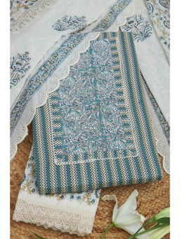 Soch - Womens Turquoise Cotton Chevron Unstitched Dress Material