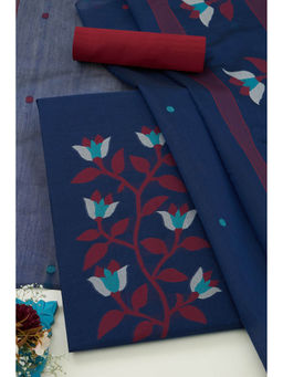 Soch - Womens Navy Blue Chanderi Woven Design Unstitched Dress Material