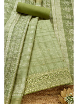 Soch - Womens Olive Art Silk Embroidered Unstitched Dress Material