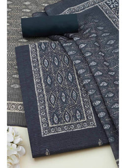 Soch - Womens Charcoal Art Silk Block Print Unstitched Dress Material